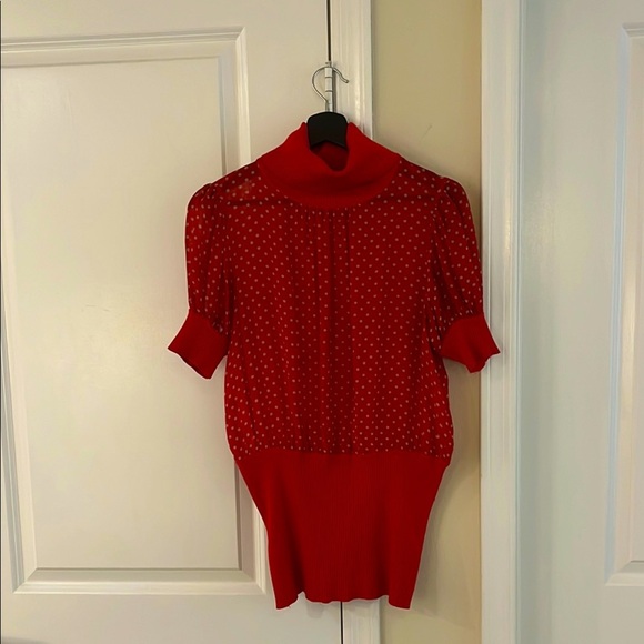 ♥️ Y2K Vintage Bebe Sheer Red Polka Dot Turtle Neck Short Sleeve Top , Size: L - Picture 5 of 17